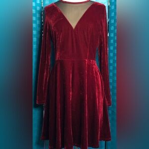 Sourpuss Velvet Mesh V Neck Dress Oxblood